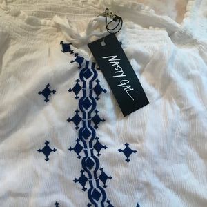 Blue embroidered off the shoulder top